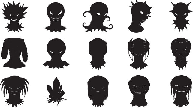Collection of fifteen black silhouette icons featuring various monster, alien, and creature head designs. Dark character busts including demons, mutants, and extraterrestrial beings on white.