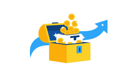 Yellow treasure chest with gold coins. © mesa