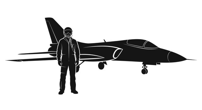 Silhouette illustration of a fighter pilot standing in front of a jet aircraft.