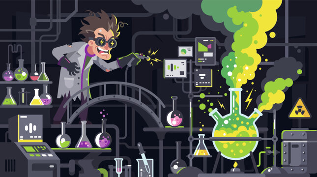 Crazy mad scientist with wild hair causing a chemical explosion in a dark laboratory filled with bubbling green flasks and glowing beakers.