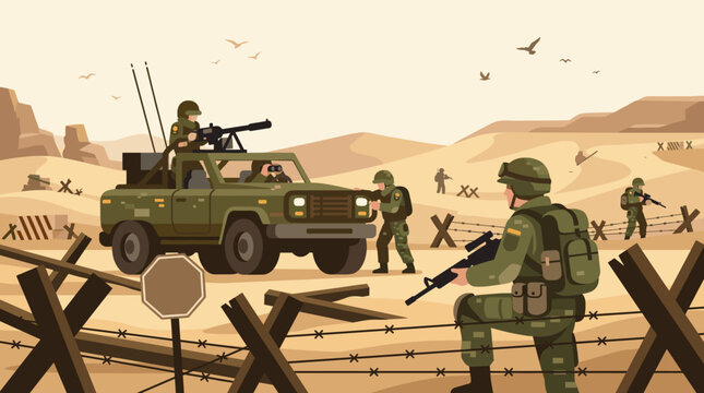 Armed soldiers in camouflage uniforms patrolling a sandy desert checkpoint beside a military jeep with a mounted gun and barbed wire.