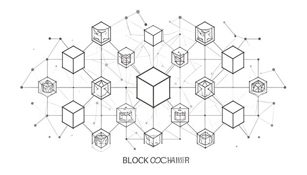 Blockchain network structure, distributed ledger technology concept, interconnected blocks and nodes, digital data flow, decentralized system