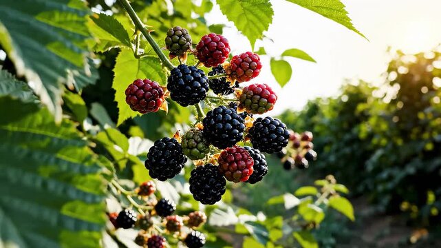 Close-up of ripe and unripe blackberries on a sunlit vine in a green garden, crisp natural light