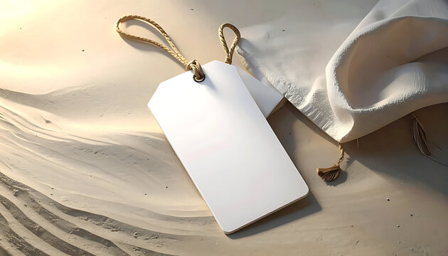 Blank white price tag with rope string and flowing fabric, promotional mockup with neutral textured background