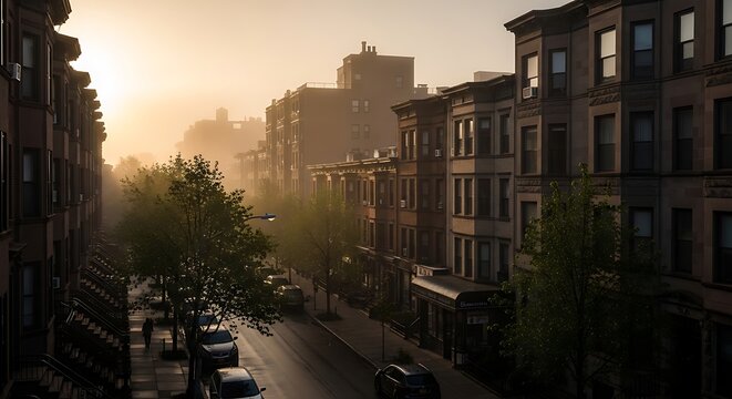 Golden hour sunset over a quiet city street lined with classic brownstone apartment buildings.