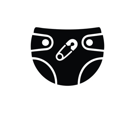 PrintBaby diaper icon with safety pin, infant nappy vector silhouette