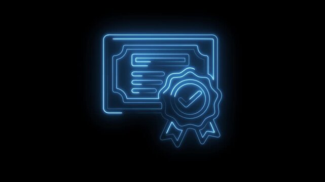 Glowing blue neon certificate icon with checkmark seal of approval and ribbon award symbol on