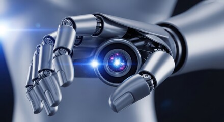 Fototapeta premium Close up macro view of a futuristic humanoid robot hand with glowing eye sensor