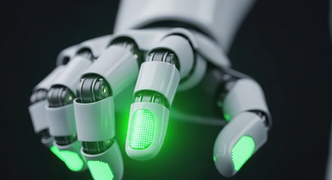 Close up of a futuristic humanoid robot hand with glowing green digital fingertips