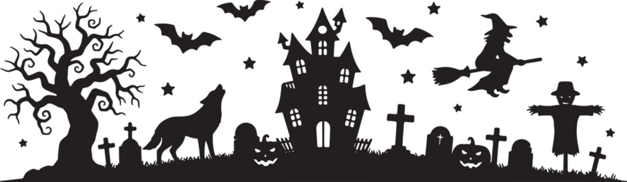 Black and white horizontal Halloween silhouette border with a haunted house, flying witch, gnarled tree, howling wolf, graveyard tombstones, jack-o-lanterns, scarecrow, and bats.