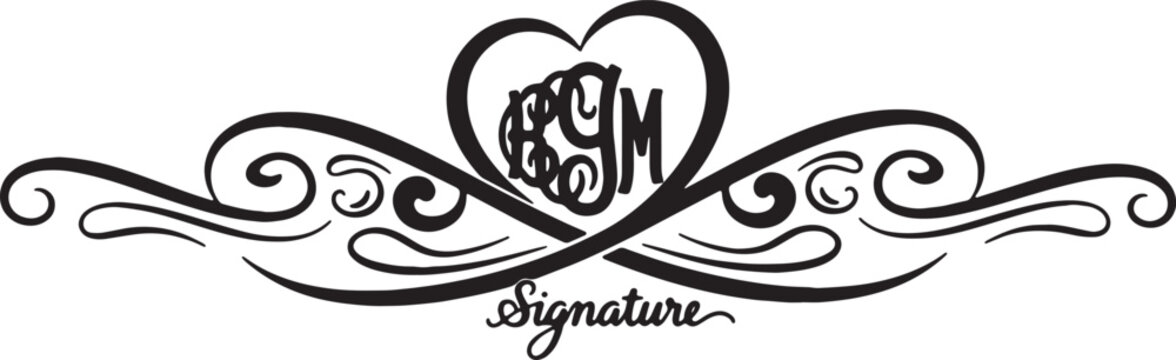Elegant black heart silhouette with monogram letters and decorative swirl flourishes, featuring the word Signature in script font, isolated on a white background.