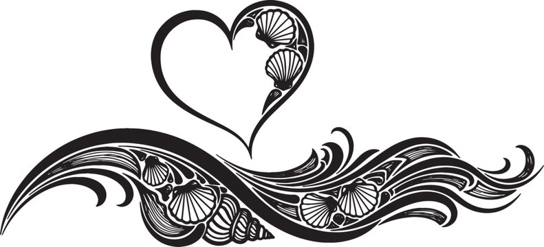 Black and white silhouette illustration featuring a heart shape above stylized ocean waves, decorated with various seashell motifs including scallop shells and a spiral conch shell.