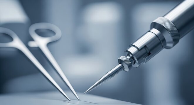 Close-up Macro Detail of Advanced Surgical Robot Instrument with Precision Tools in Medical Setting