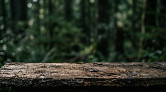 Rugged Dark Cedar Wood Product Mockup Background With Blurred Forest Jungle And Natural Moody Light