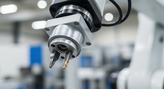 Close-up macro shot of an industrial robotic arm end effector with precision gripper in a manufacturing facility