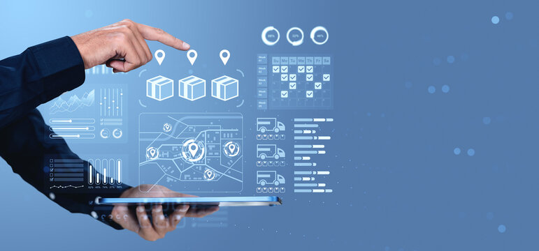 Business logistics interface with hand interacting over digital supply chain icons on blue background showcasing planning and delivery concept..