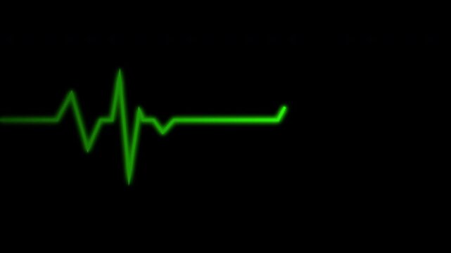 Heartbeat flatline electrocardiogram screen, green heartbeat line on a black background