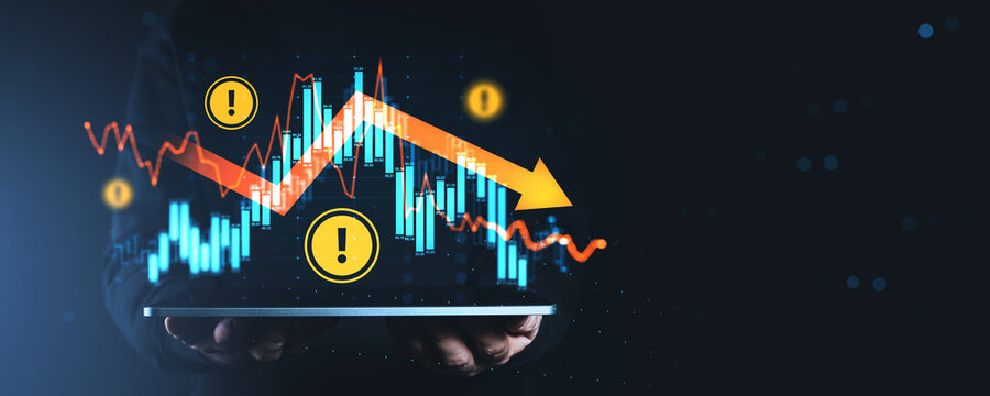 Financial market decline with warning symbols, downward arrow and volatile chart concept displayed over dark futuristic background.