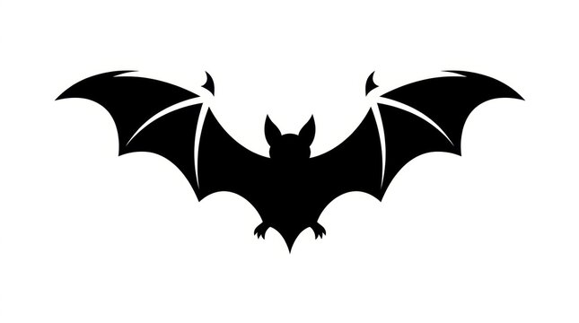 Black bat silhouette with spread wings on white background, spooky flying bat icon for Halloween decor, minimalist nocturnal animal graphic element