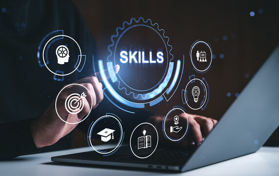 Digital skills development holographic interface with icons around a person using a laptop in a modern workspace concept illustration idea business creative.