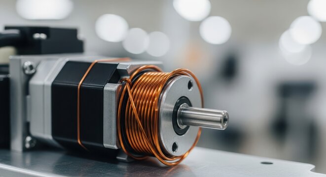 Detailed Close-up Macro Shot of a Copper Coil Wound Electric Motor Component with a Shiny Metallic Shaft