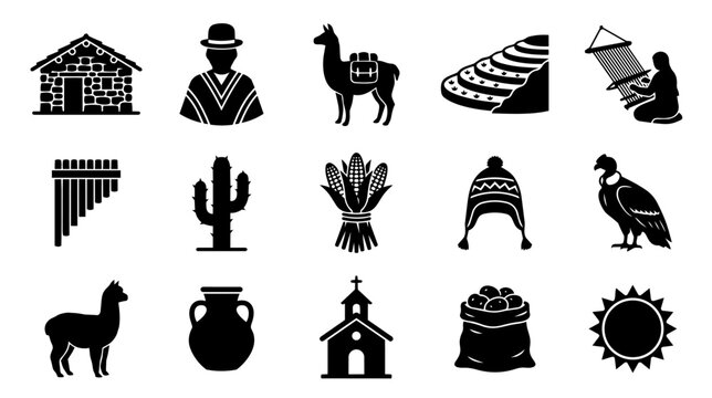 Andean Culture Traditional Icons Set - South America Indigenous Life Symbols