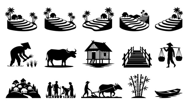 Traditional Asian Rural Agriculture Vector Silhouettes Set - Farmer, Rice Paddies, Buffalo Icons Collection