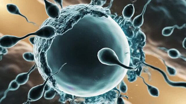 Detailed CGI Representation of Sperm Cells Approaching the Zona Pellucida of an Ovum in a Scientific Context of Reproductive Biology and Fertilization Processes