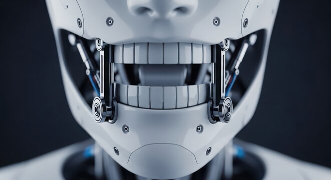 Extreme close-up of a white humanoid robot's articulated mouth and teeth with visible mechanics, showcasing advanced cybernetic design.