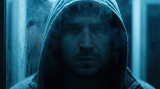 Inside the mind of a person facing depression concept. A contemplative man in a hood stares through fogged glass.