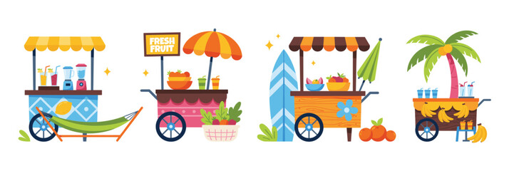 Street Food Carts in Retro Cartoon Style Featuring Fruit Stands, Juice Bars, Tropical Market Kiosks and Beach Vendor Illustrations © RPO YEN
