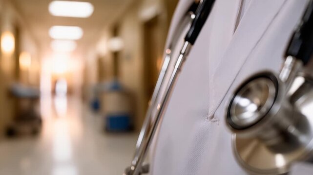 Close up of a doctors stethoscope on a white lab coat in a blurred hospital hallway, medical equipment and light in background
