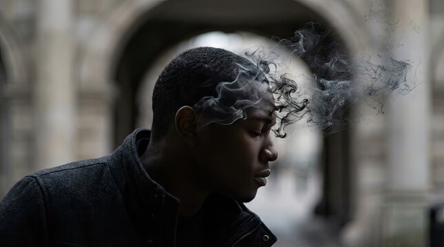 Inside the mind of a person facing depression concept. Portrait of a thoughtful man with smoke swirling above his head.