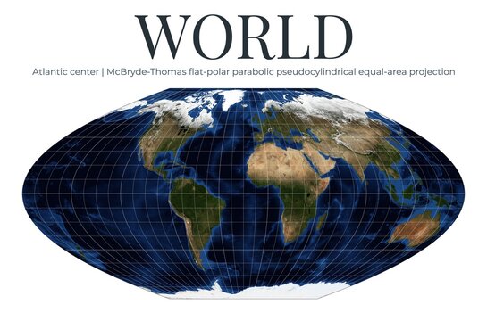 World Map. McBryde-Thomas flat-polar parabolic pseudocylindrical equal-area projection. Atlantic center view. Detailed physical map of Earth. April View. Elements of this image furnished by NASA.