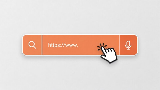 Website search bar, orange browser toolbar, cursor clicking magnifying glass icon