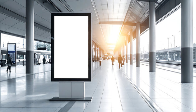 Blank digital advertising display screen in a modern transit hub or airport terminal, with people walking by and sunlight streaming in.