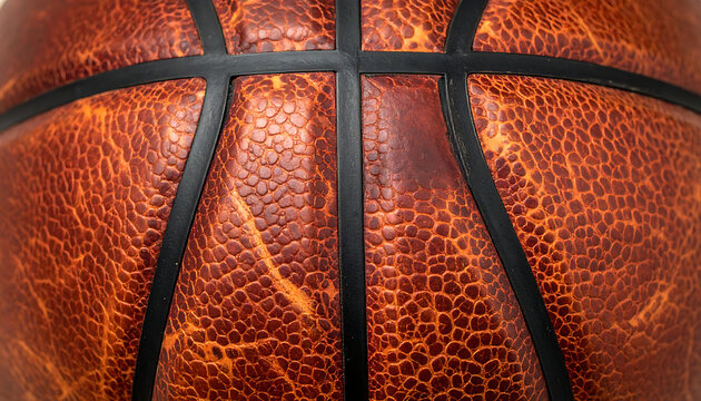 Close up texture of a vintage basketball, worn leather, detailed surface, sport equipment, game ball, orange and black