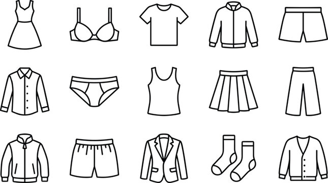 Casual and Formal Clothing Vector Icon Set Featuring Outline Line Art Men and Women Fashion Apparel Including Jacket Dress Blazer T-Shirt Skirt and Underwear for Retail LayoutsCasual and Formal Clothi