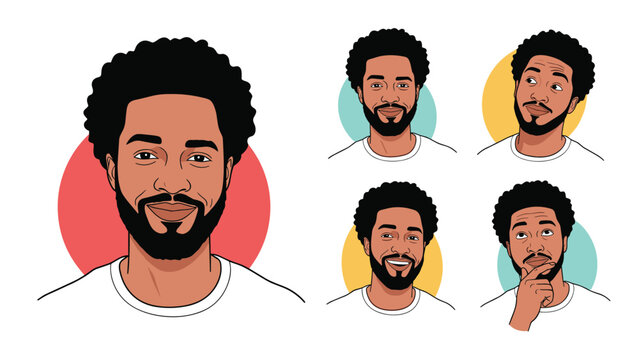 Set of portraits of a handsome African American man with an afro and beard showing different facial expressions and thinking poses.