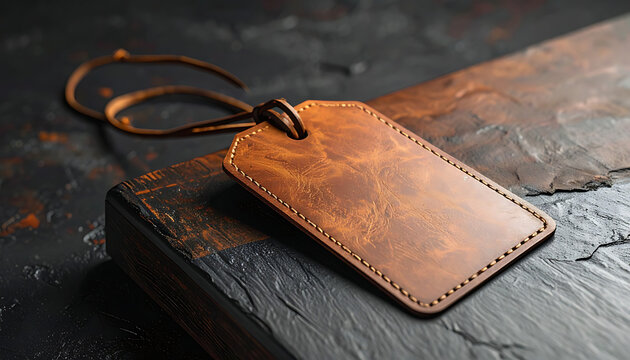 Blank leather tag with string, textured surface and stitched edges, rustic vintage accessory for personalization or branding