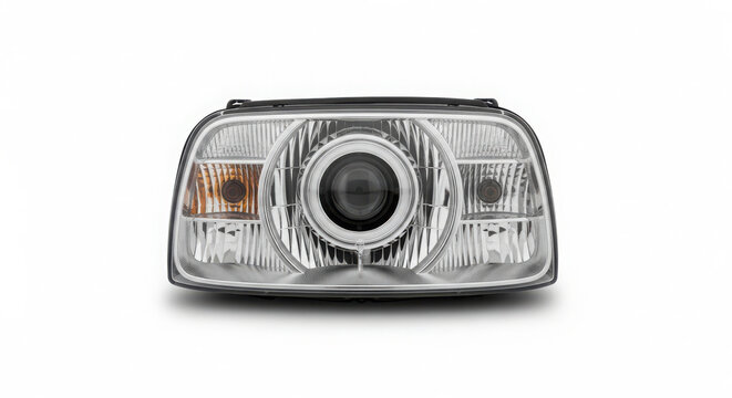 Detailed automotive headlight assembly featuring a bright chrome reflector and a central projector lens isolated against a clean white background
