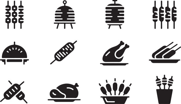 Black and white cooking tools and food icons set