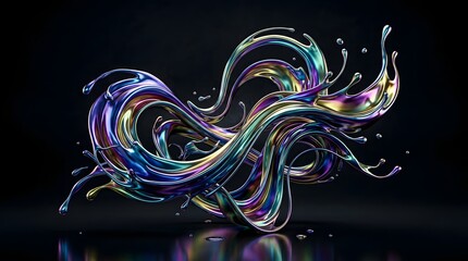 Obraz premium Abstract iridescent fluid splash with vibrant holographic colors on a dark background.