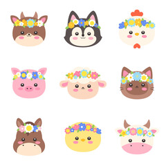 Obraz premium Cute Kawaii Farm Animal Faces with Flower Crown Set Flat Vector Illustration
