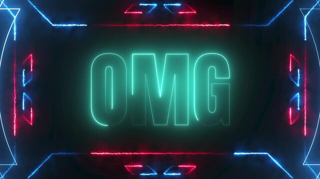 Expressive neon text "OMG" surrounded by a vibrant electric laser frame, shocking or exciting motion graphics, 4k video.
