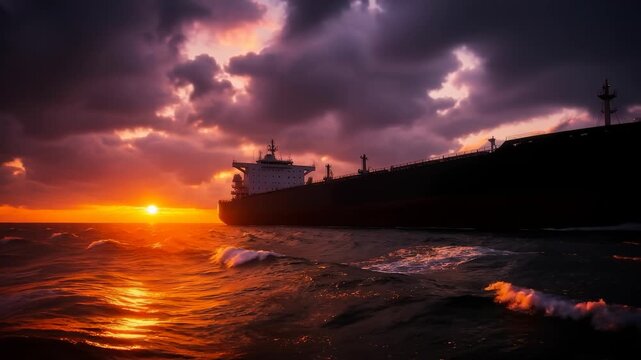 Massive cargo ship sails across the ocean during a dramatic sunset with fiery clouds and rippling waves, symbolizing global trade and journey.
