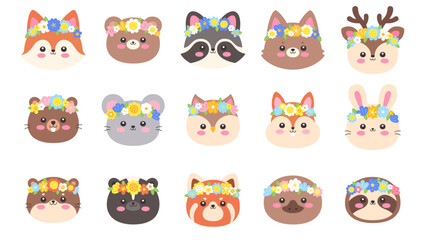 Fototapeta premium Cute Kawaii Woodland Animal Faces with Flower Crown Set Flat Vector Illustration