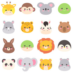 Fototapeta premium Cute Kawaii Safari and Farm Animal Faces Set Flat Vector Illustration