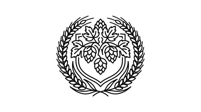 A detailed black and white line art illustration of hops and wheat stalks arranged in a circular emblem.