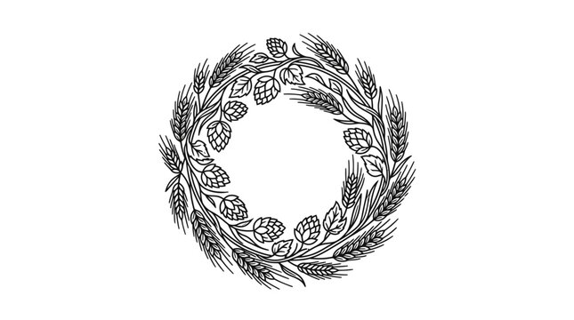 Hand drawn circular wreath made of wheat ears and hop cones.